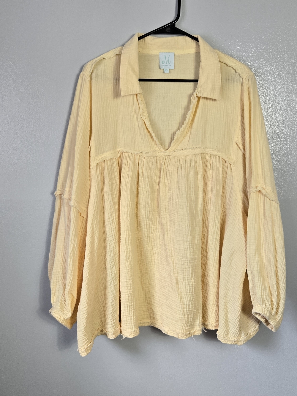 The Mint Julep Boutique XL Soft Yellow Crinkle Cotton Gauze Raw Hem Boho Top